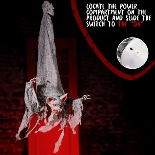 Halloween Animatronics 36in Reaper Bat - Spooky Hanging Animal Prop with Light Up Eyes & Sound