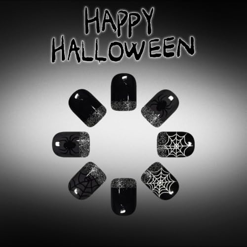 Halloween Press On Nails Short Square Black Nails with Spider Web Design & Glitter Tips - Reusable Fall Holiday Manicure 24Pcs - Color31