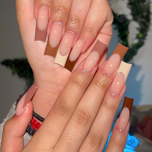 MISUD Fall Brown Long Square Press-On Nails with French Tip & 3D Diamond - 24 pcs - Variation 099A23Brown