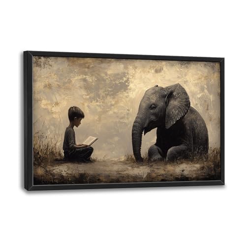 Large Elephant Wall Art Canvas - Kids Reading Animal Decor for Living Room & Bedroom
