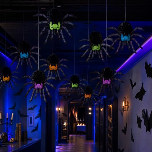 Halloween Hanging Spider Decorations Set - 4 Pcs, 3D Honeycomb Design, Adorable Spooky-Cute Faces, A19 Variation