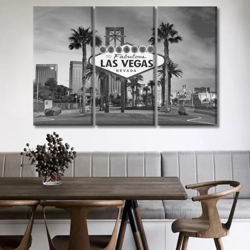 Las Vegas Night Scene Canvas Wall Art Set - 3 Panels Framed Ready to Hang 40x60 Inches - Black & White Landscape Decoration