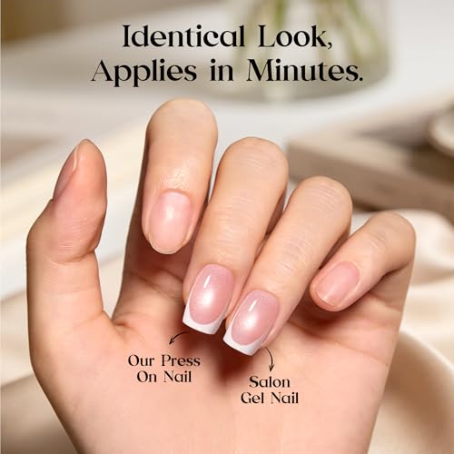 Beetles French Tip Press On Nails Short Squoval Cat Eye Nails Kit - Glassy Blush Variation 05