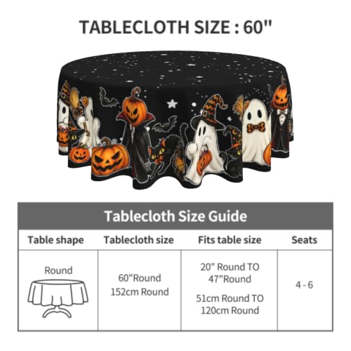 Halloween Round Tablecloth 60 Inch Ghost & Jack-o'-Lantern Design Water-Resistant Washable Table Cover - Black Cats Variation