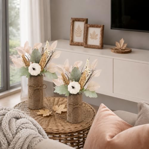 White Fall Centerpieces for Tables Set of 2 - Autumn Pumpkin Eucalyptus Decor