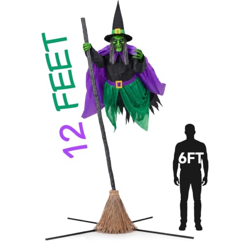 12 Ft Green Purple Black Animated Hovering Witch Halloween Decoration - Outdoor Outdoor Decorations