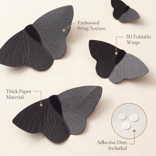 Halloween 3D Moth Wall Decor Stickers - Black Butterfly Set, 120 Pieces in 3 Sizes