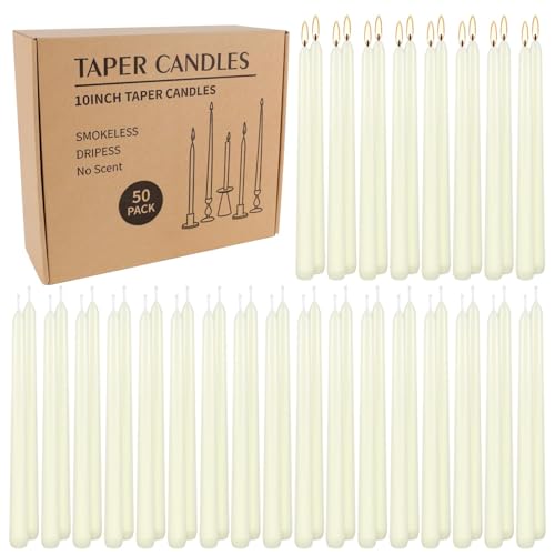 10-Inch Ivory Taper Candles - 50 Pack Dripless Unscented Dinner Candles Variation of THIS listing