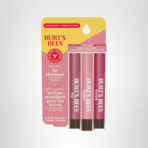 Burt's Bees Lip Shimmer Nude Collection for Valentine's Day Gifts, Tinted Lip Balm Stick, Moisturizing for All Day Hydration with Natural Glowy Pigmented Finish & Buildable Color, Value Pack, 3 Tubes