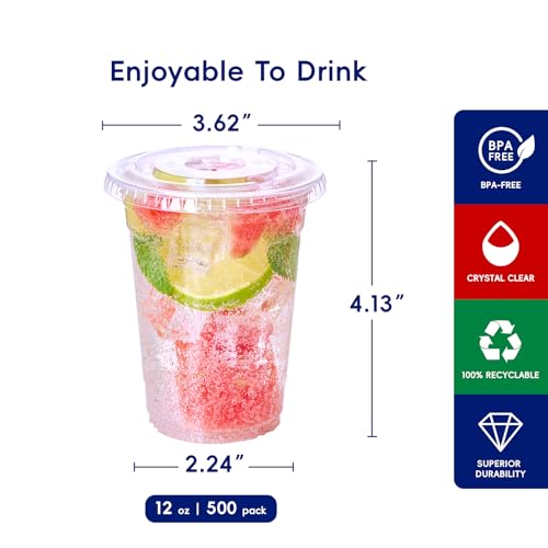 Clear 12oz Plastic Cups with Lids - 500 Pack, Disposable PET Cups for Cold Drinks