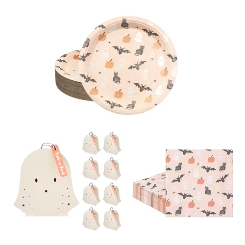 Halloween Party Ghost Bags & Pastel Paper Plates with Napkins - Decorations Supplies
