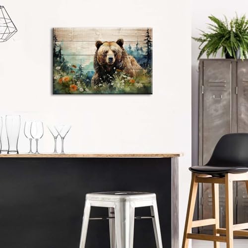 Wildlife Bear Watercolor Wall Art - Rustic Forest Canvas for Living Room & Nursery - 30x20 Inches