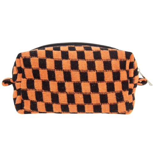 Checkered Makeup Bag for Purse - Halloween Orange Small Travel Cosmetic Pouch - 1 Pack