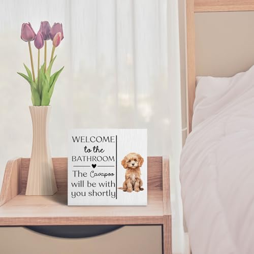Funny Dog Sign Cavapoo Bathroom Decor - Welcome to The Bathroom Wooden Box Sign - Cavapoo Variation
