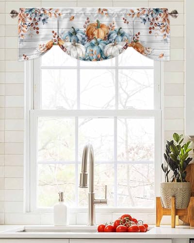 54x18 Inch Orange Blue Pumpkin Fall Kitchen Valance Set Window Treatments - Tie Up Wooden Rod Pocket Curtains for Home and Living Room - Thanksgiving Leaves