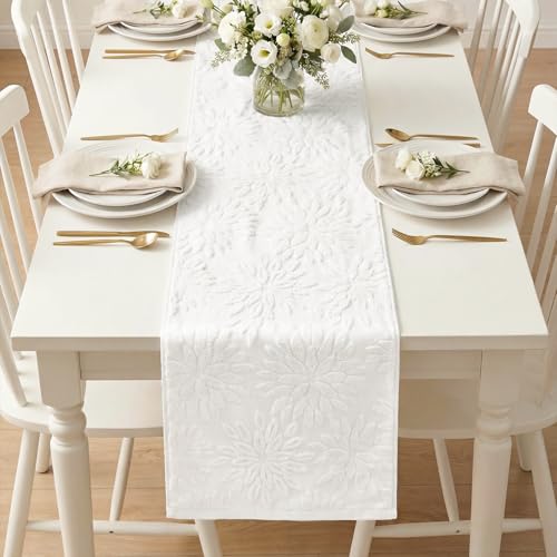 White Cotton 3D Jacquard Dahlia Floral Table Runner 13x72 Inch - Home Decor