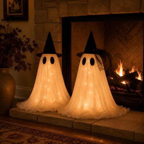 Medium 2-Pack Ghost Halloween Decor Set - USB Powered with Remote Lights