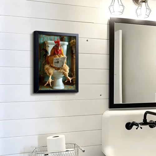 A-Rooster Framed Canvas Wall Art - Humorous Bathroom Decor 16x12 Inches