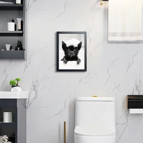 Framed Funny Bat Bathroom Wall Art - Black & White Canvas Print, 16x12 Inch