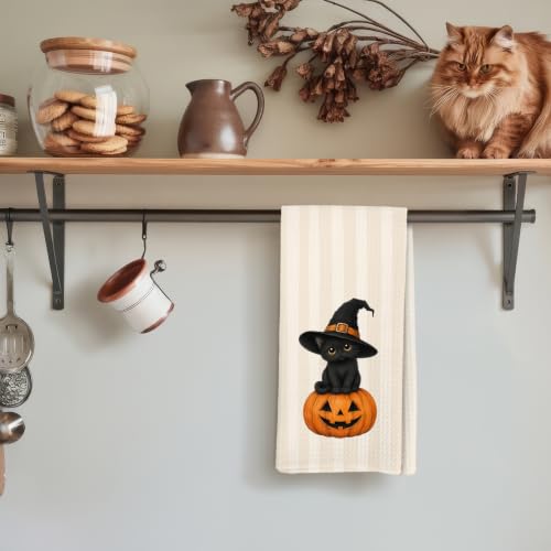 Halloween Witchy Black Cat Pumpkin Kitchen Hand Towels 16x24 Inch - Variation of Black Cat