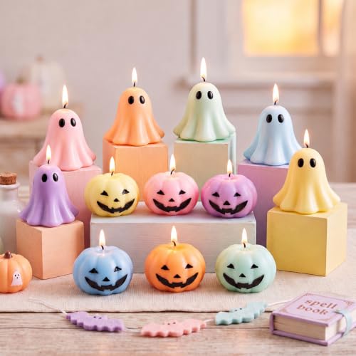Halloween Pastel Ghost and Pumpkin Candle Set - 12 Mini Decor Candles