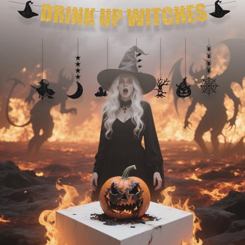 Gold Drink Up Witches Halloween Banner Garland - Pre-Strung Gothic Party Decor