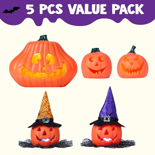 Halloween Pumpkin Decorations Set - Light-Up Plastic Jack O' Lanterns for Indoor Outdoor Display