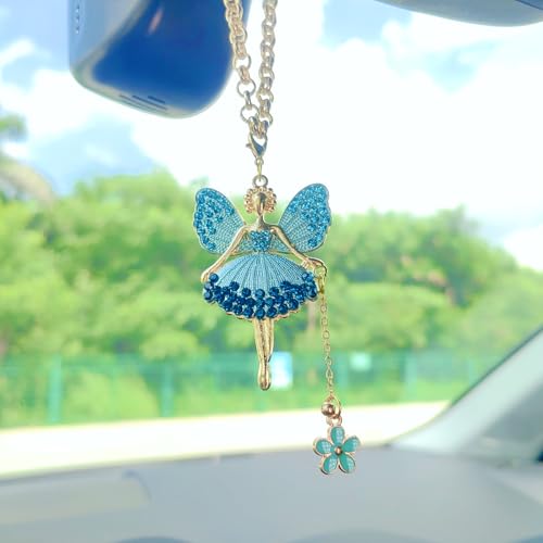 Fairy Blue Sparkling Car Decoration for Women Interior Bling Rearview Mirror Accessory