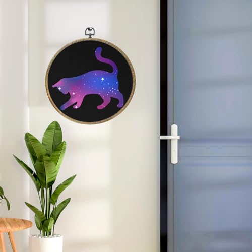 Galaxy Cat Wall Art - Round Framed Canvas Wall Decor for Cat Lovers - 10.2x10.2 Inches - Variation of Galaxy Cat 0585