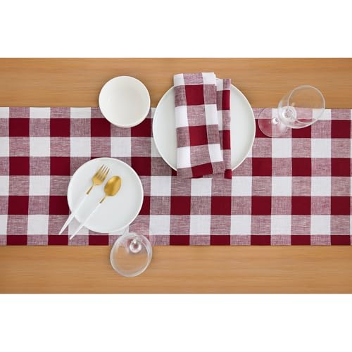 Burgundy & White Check Linen Table Runner 14 x 120 Inches - Handmade, OEKO-TEX Certified