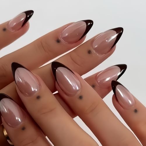 Black French Tip Press On Nails Short Almond Chrome Sparkle Set - Reusable 30 Pcs
