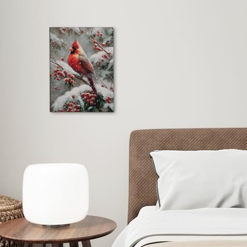 Winter Cardinal Canvas Wall Art - Vintage Christmas Scene 11x14 Inch