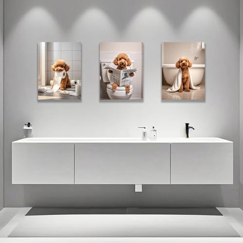 Framed 12x16 Inch Canvas Wall Art Set - Funny Bathroom Dog Decor - 3 Pack