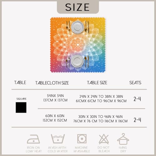 54x54 Inch Square Mandala Tablecloth Rainbow Gradient Boho Polyester Dining Cover