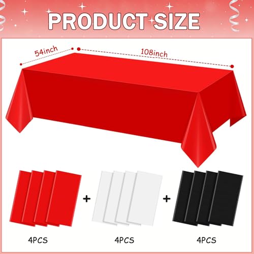 Disposable Waterproof Tablecloths Set - Red White Black, 54x108 Inch, 12 Pack