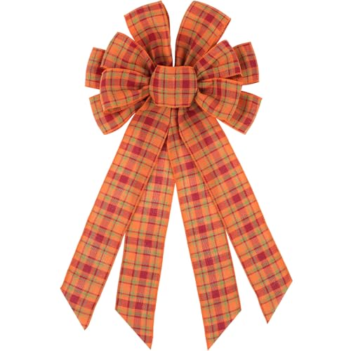 Large Fall Wreath Bow - 20 Inch Orange Plaid Burlap for Front Door & Holiday Decor