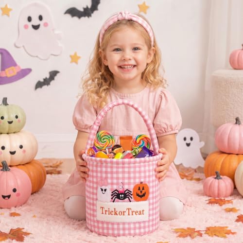 Pink Trick or Treat Halloween Candy Basket with Bow - Kids Gingham Tote