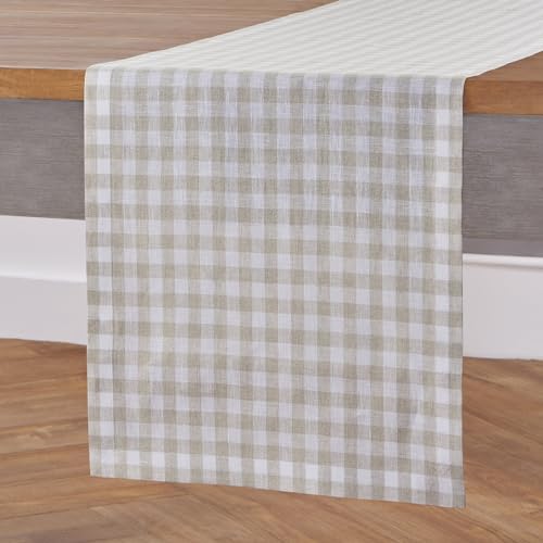 Linen Table Runner Natural Gingham Check 14 x 108 Inches - Handcrafted, Machine Washable