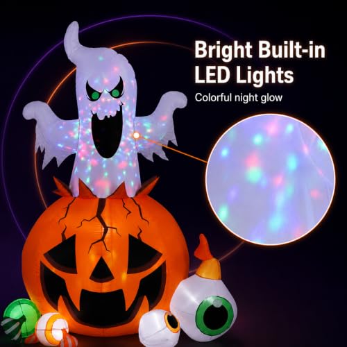 8FT Halloween Inflatable Ghost and Pumpkin Yard Decor with Colorful LED Lights