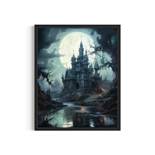 Framed Haunted Castle Halloween Wall Art - Spooky Vintage Poster, 20x16 Inches