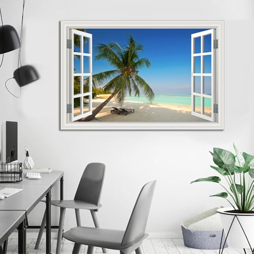 Large Tropical Beach Wall Art - 32x48 Inch Ocean Canvas Picture with Fake Window Frame Style, Coastal Seascape for Living Room & Bedroom - Blue Ocean Scene