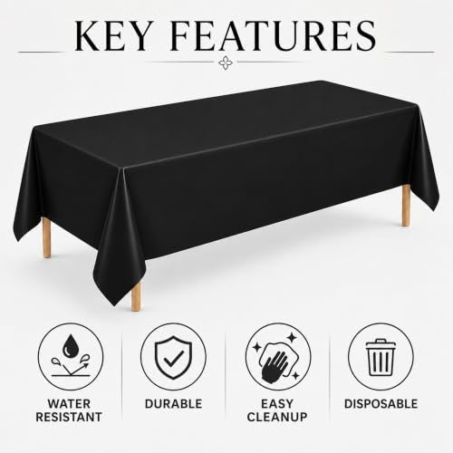Black Plastic Tablecloths 54 x 108 Inch - 6 Pack, Disposable, Rectangular Cover - Black Variation