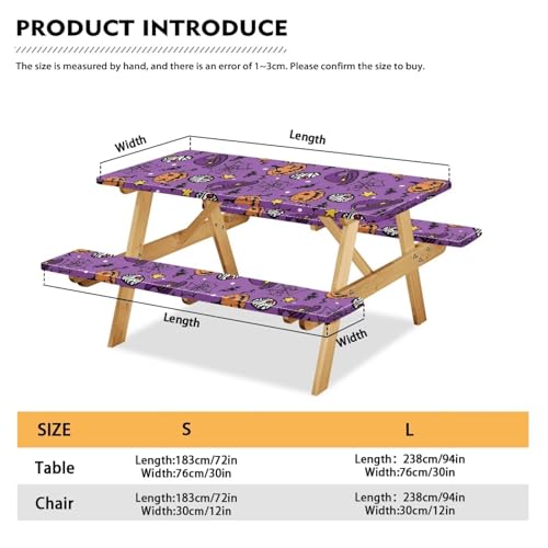 Halloween Picnic Table Cover with Bench Covers 94 x 30 in - Fitted & Elastic Band