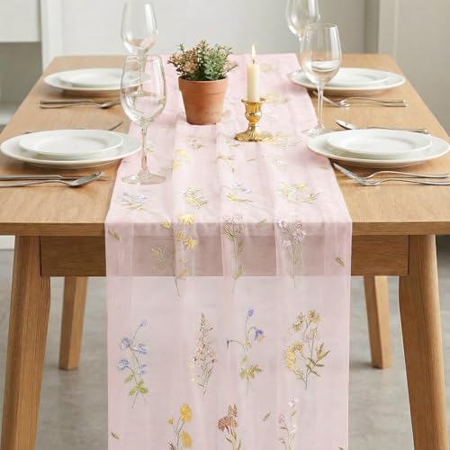 6PC Light Pink Floral Gauze Table Runner Set - 28x120 Inch for Spring Dining Decor