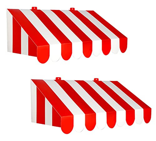 3D Red & White Striped Wall Awnings - Pack of 2 Decorative Storefront Decorations