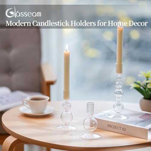 Clear Glass Candlestick Holders Set - 3 Tall Taper Candle Holders with Variation