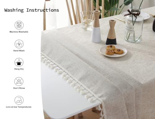 Linen Cotton Rectangular Tablecloth with Tassels - Boho Farmhouse Decor, 55x70 Inches, Beige