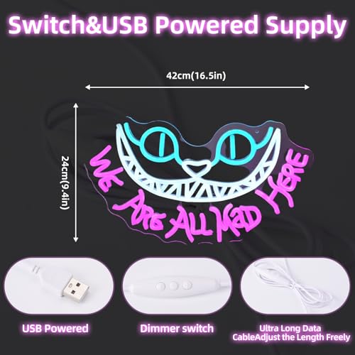 Pink We Are All Mad Here Neon Sign for Wall Decor, Party & Wedding Decoration, Cat LED Light, Personalized Gift