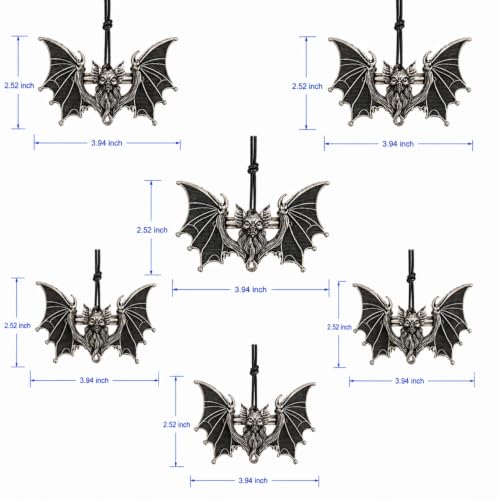 Gothic Halloween Bat Ornaments Set - 6 Antique Alloy Holiday Tree Decorations