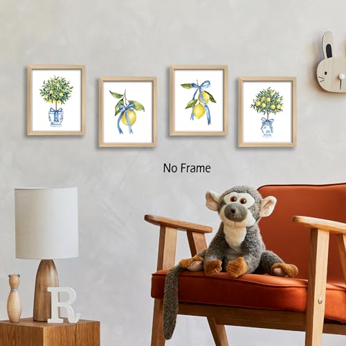 Chinoiserie Wall Art Set of 4 - Blue and White Lemon Tree Prints 8x10 Unframed